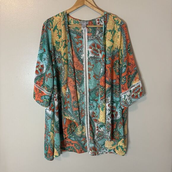 Catherines Kimono Floral Paisley Orange Yellow Swim Cover Sz 0X 14/16 - Picture 1 of 8